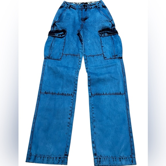 RtA Marina blue acid women’s straight leg cargo jean pants size 23